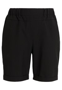 Pantaloni corti neri fino al ginocchio con vita elastica, passanti per cintura e orli risvoltati, realizzati in tessuto morbido.