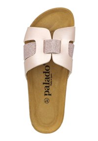 Lichtroze slipper met een textuur en glinsterende strook. Bevat een gevormde tan inlegzool en de merknaam "palado" zichtbaar op de voetbed.