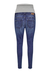 Σκούρα μπλε στενά τζιν με γκρι ελαστική μέση, πέντε τσέπες και φθαρμένο τελείωμα. Η ετικέτα στην πίσω μέση γράφει «ONLY.»