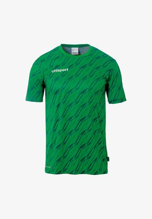 Grøn sportstrøje med et struktureret bølvemønster, rund halsudskæring, korte ærmer og uhlsport-logo på forsiden. Lavet af letvægtsmateriale.