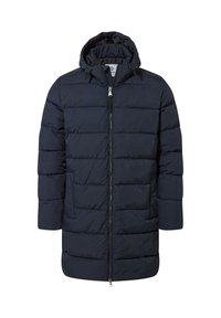 Navy blue quilted winter coat with hood, front zipper, and long sleeves, designed for warmth and outdoor wear.