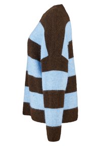 Pull rayé en matière douce et duveteuse. Présente des rayures larges alternées bleu clair et marron, avec une coupe décontractée et des manches longues.