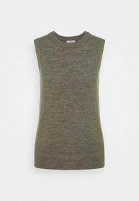 Ärmelloses, olivgrünes Stricktop mit rundem Halsausschnitt und geripptem Saum. Weiche Textur mit glatter Oberfläche, ideal zum Layering.