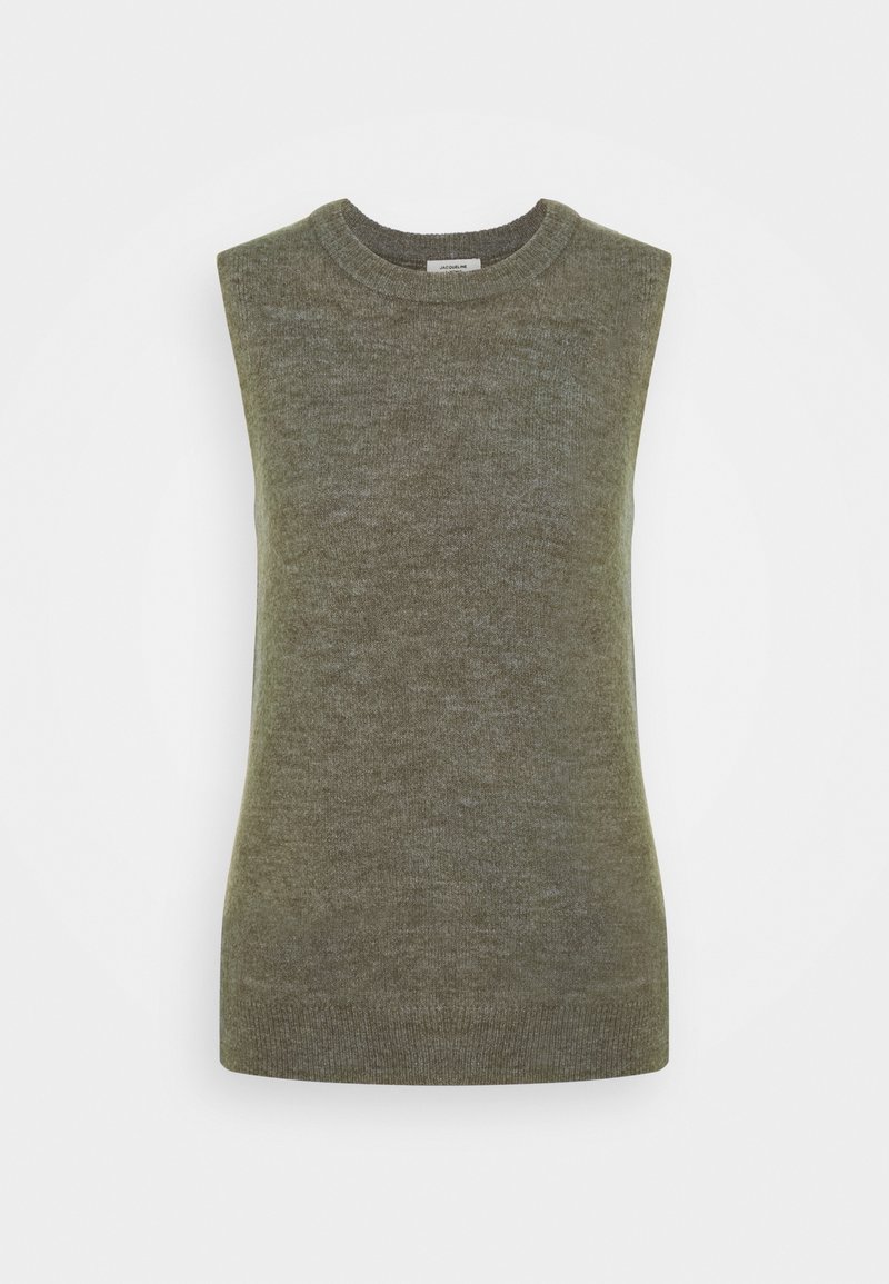 Ärmelloses, olivgrünes Stricktop mit rundem Halsausschnitt und geripptem Saum. Weiche Textur mit glatter Oberfläche, ideal zum Layering.