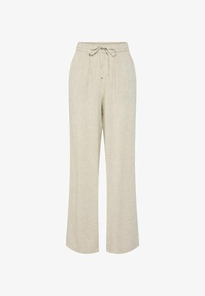 Helle beige Leinenhose mit entspannter Passform, ausgestattet mit einem elastischen Taillenbund und verstellbarem Kordelzug, geraden Beinen und einer weichen Textur.