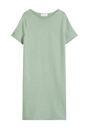 Robe décontractée à manches courtes, vert sauge, col rond, longueur genou, en tissu tricoté doux, étiquette Marc O'Polo à l'intérieur du col.