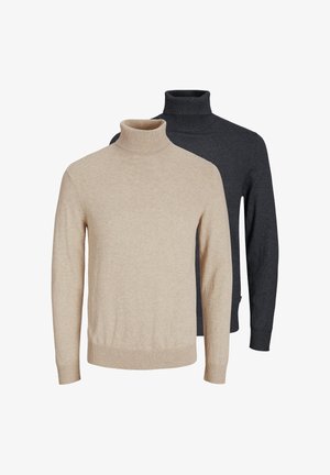 Due maglioni a collo alto semplici, uno beige e uno grigio scuro, esposti fianco a fianco su sfondo bianco.