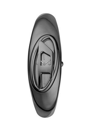Elegante schwarze Metallarmbanduhr mit einem länglichen ovalen Gehäuse, das ein abstraktes skulpturales Design um ein kleines dreieckiges Zifferblatt rahmt.