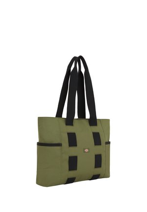 Olive green tote bag with black straps, featuring a smooth fabric texture and multiple exterior pockets. Reinforced stitching and logo detail.