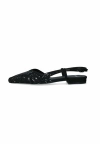 Ballerine slingback nere con un motivo intrecciato, punta appuntita e tacco basso. Realizzate in materiale sintetico con una superficie liscia.