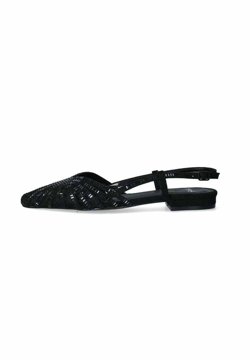 Ballerine slingback nere con un motivo intrecciato, punta appuntita e tacco basso. Realizzate in materiale sintetico con una superficie liscia.