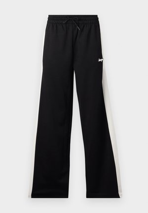 Pantaloni atletici negri cu o talie elastică, detalii cu șnur și dungi laterale albe în contrast. Realizați dintr-un material moale și ușor.