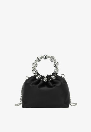 Black satin handbag with a gathered design, topped with a circular handle made of silver balls. Features a chain strap for versatility.