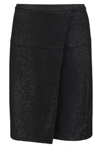 Zwarte rok met een subtiele glittertextuur, een wikkeldesign en een aansluitende pasvorm. Geen zichtbare zakken of versieringen.