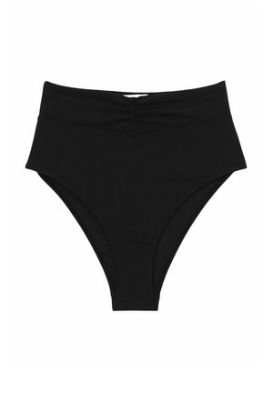 Slip negru cu talie înaltă, confecționat dintr-un material neted, cu un detaliu adunat în partea din față și margini fără cusături pentru confort.