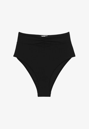 Hoog uitgesneden zwarte bikinislip van gladde stof, met een gerimpeld detail aan de voorkant en naadloze randen voor comfort.