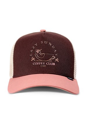 Brown and pink trucker cap with mesh back, featuring a coffee cup and bird logo and text "Lazy Sunday Coffee Club Djinns" on front panel.