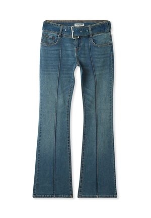 Jeans a zampa d'elefante in denim blu con una finitura sbiadita, quattro tasche e un classico passante per la cintura. Presentano cuciture a contrasto e una chiusura con zip.