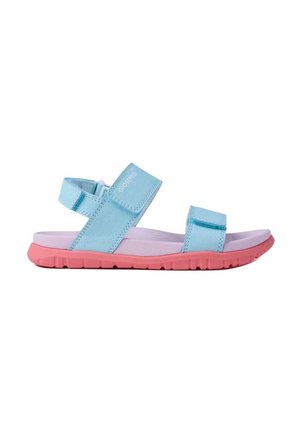 Sandalia azul con tiras ajustables, suela de goma rosa, diseño plano y materiales ligeros adecuados para uso casual.