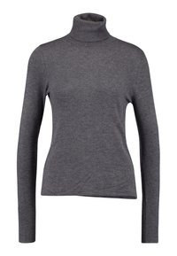 Grauer Rollkragenpullover aus weichem Strickmaterial, mit langen Ärmeln und taillierter Passform, sowie gerippten Akzenten am Kragen und Saum.