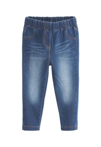 Pantalon en denim avec une teinte bleue, taille élastique, détails subtils de décoloration et couture contrastante orange. Coupe ajustée.