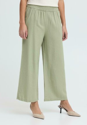 Kobieta w jasnooliwkowych szerokich spodniach z elastycznym pasem i beżowych czółenkach na obcasie z odkrytymi piętami, stojąca na białym tle.