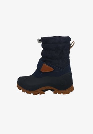 Marineblauer wasserdichter Stiefel mit einem obermaterial aus strukturiertem Stoff, Gummisohle, verstellbarem Kordelzug am Oben und braunen Lederdetails. Traktionsmuster auf der Sohle.