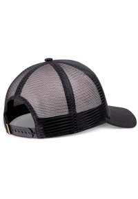 Svart baseballcaps med nettobakside, med buet skjerm, justerbar trykknapplukking og teksturert stoff på frontpanelet.