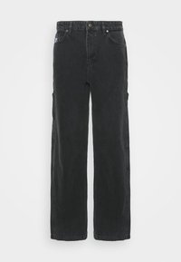 Svarta denim cargo-byxor med rak passform, med sidofickor, knappstängning och bälteloopar. Mjuk textur med en blekt yta.