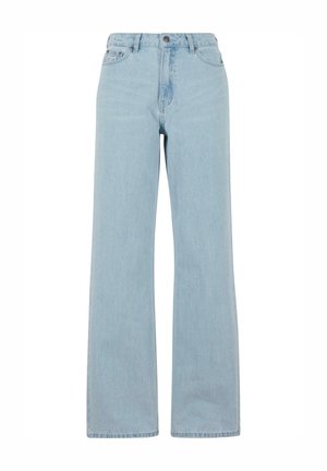 Lys blå, vide denimjeans med høy midje, frontlommer og en subtil vasketekstur. Standard knapp- og glidelås-lukking.