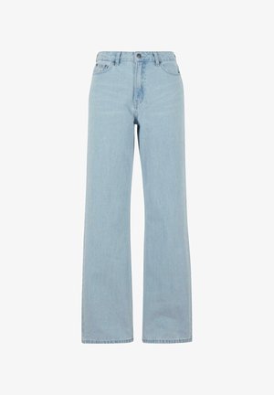 Svetlo modri široki džins hlače iz denima, z visokim pasom, sprednjimi žepi in subtilno pranjem. Standardno zapiranje z gumbom in zadrgo.