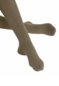 Collant opachi verde oliva con una texture liscia, caratterizzati da un design senza cuciture e punte arrotondate. Il materiale è elastico per una vestibilità aderente.