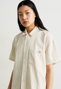 Camicia a maniche corte con bottoni di colore crema con righe verticali rosse, dotata di taschino sul petto e di una toppa con marchio. Il tessuto sembra leggero.