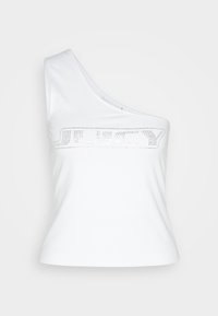 Bílý top na jedno rameno vyrobený z hladkého materiálu, s nápisem "JUICY" posetým kamínky na přední straně. Přiléhavý střih, bez dalších detailů.