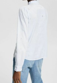 Blusa a maniche lunghe di colore azzurro chiaro in cotone, caratterizzata da motivi floreali ricamati, colletto a balze e maniche con polsini. Indossata con jeans di denim.