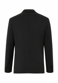 Zwarte, nauwkeurige blazer met een enkele split aan de achterkant, geknipte revers en knopenmanchetten. Glad stofstructuur, moderne silhouet.