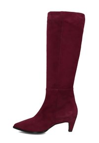 Knielange bordeauxsuède laars met een spitse neus, taps toelopend ontwerp en een lage hak. Gladde textuur zonder zichtbare hardware of accenten.