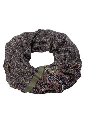 Okrągły szalik na ciemnym tle z misternymi wzorami paisley i geometrycznymi w stonowanych odcieniach zieleni, różu i kremu.