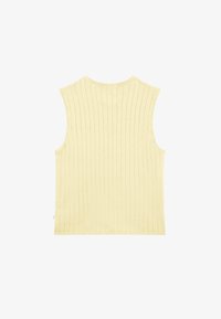 Haut sans manches en tricot côtelé jaune pâle avec un col rond, posé à plat montrant la vue arrière sur fond blanc.