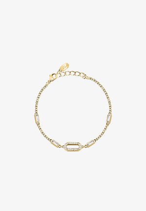 Bracciale in catena d'oro con accenti di cristallo rettangolari e una sezione centrale rettangolare adornata con piccole pietre trasparenti. Chiusura regolabile.