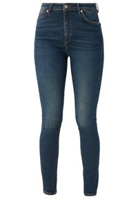 Jeans ajustados en azul oscuro, hechos de mezclilla con un acabado desgastado, de cintura alta, diseño de cinco bolsillos y herrajes de bronce en el botón y remaches.
