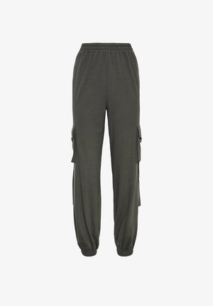 Cargo pants in donkergrijze stof met een elastische tailleband, taps toelopende boorden en zijzakken met klepsluitingen. Zachte en lichte textuur.
