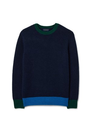 Maglione blu navy con dettagli a coste verdi e blu sul colletto e sull'orlo. Tessuto morbido e design classico con collo rotondo.