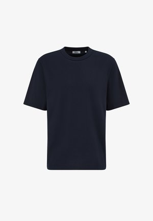 Vienkārša tumši zila īsroku T-krekls ar apaļu kaklu un nelielu redzamu etiķeti apkakles iekšpusē, izmērs vidējs.