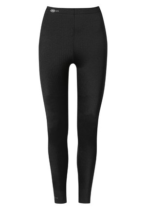 Zwarte legging van rekbaar materiaal, met een naadloos design, hoge taille en een gladde textuur. Logo op de tailleband.