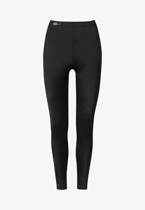 Czarne legginsy wykonane z elastycznego materiału, charakteryzujące się bezszwowymi wykończeniami, wysokim stanem i gładką teksturą. Logo na pasku.