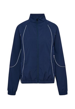 Marineblauwe sportjas met rits, hoge kraag, elastische manchetten en zoom, en witte biesdetails langs de mouwen en voorpanden.
