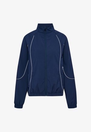 Marineblauwe sportjas met rits, hoge kraag, elastische manchetten en zoom, en witte biesdetails langs de mouwen en voorpanden.