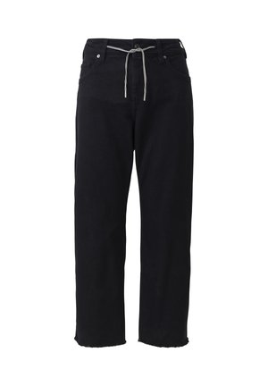 Schwarze Denim-Jogginghosen im Stil mit Kordelzug, verkürzter Länge und fransigem Saum. Glatte Textur und lockere Passform.