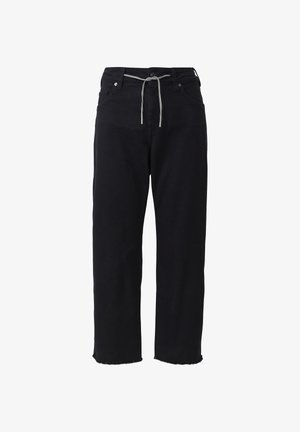 Schwarze Denim-Jogginghosen im Stil mit Kordelzug, verkürzter Länge und fransigem Saum. Glatte Textur und lockere Passform.